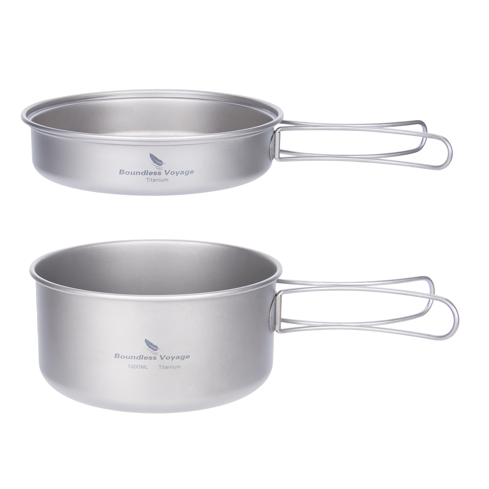 iBasingo Pure Titanium Pot Pan Set 1000ml+500ml Ultralight 213.5g Camping Cookware for 1 Person with Foldable Handle & Mesh Bag, Fits G2 Gas Canister, Portable for UK Hiking Picnic Backpacking Ti2042C