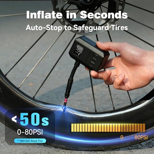 Peakspeak Mini Electric Bike Pump AS260PRO, 120PSI Portable Bicycle Pump with Gauge & Auto Stop, USB-C Rechargeable, Precision Inflation for Presta/Schrader Valves, Road Bike, MTB & Motorcycle