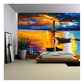 Original Oil Painting of Lighthouse and Boats on Canvas.Rich Golden Sunset Over Ocean - Removable Wall Mural | Self-Adhesive Large Wallpaper - 66x96 inches