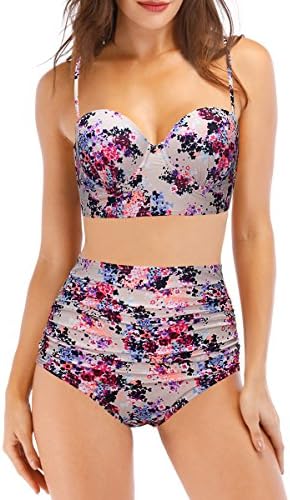 Qiaoer Womens Vintage Push up Halter High Waisted Bikini Swimsuit Set (XXL, Pink Pattern (Print #3))