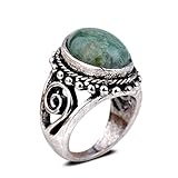 YAZILIND Vintage Antique Oval Cut Green Jasper Retro Silver Plated Ring Women