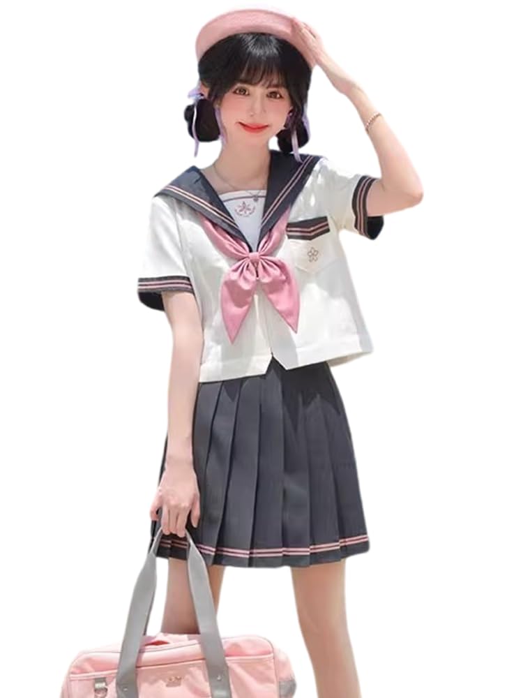 [YAISHN] セーラー服 制服 コスプレ ハロウィン 仮装 前開き 長袖 半袖 スカート 蝶結ぶ リボン プリーツスカート 人気 女子制服 本格制服 二本 JK 高校生 文化祭 学园歳 入学式 卒業式 清純 可愛い レディース 3点セット (S, 半袖セット) の商品画像
