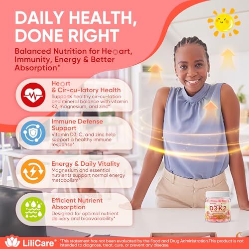 Vitamin D3 K2 Gummies 5000IU / 10,000 IU with 500mg Calcium + K2(MK-7) 200mcg, Magnesium, Vitamin C & Zinc, Extra Strength - Ultimate Absorbency for Bones, Muscles, Teeth, Vegan, 60 Count (Pack of 1)