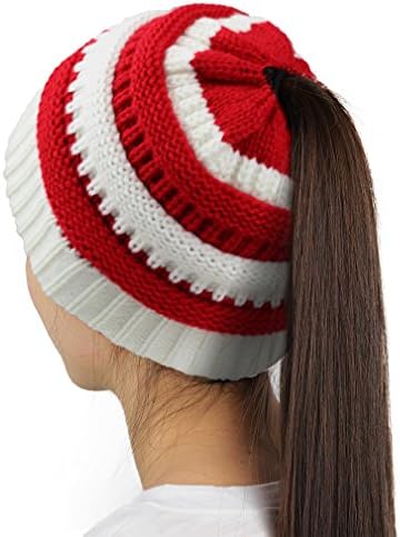Sven Home Trendy Warm Chunky Soft Stretch Cable Knit Slouchy Beanie Tail Messy High Bun Ponytail Beanies Skully Hat (Red+White)