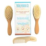 3 Piece Wooden Baby Brush and Comb Set for Newborns & Toddlers | Natural Soft Goat Bristles for Cradle Cap | Wood Bristle Baby Brush for Massage | Unisex Baby Registry Gift