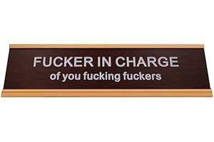 ICOMECN Fucker in Charge of You Fucking Fucks Funny Desk Plate Sign 2" × 8" (Wooden Plate with Rose Gold Holder)