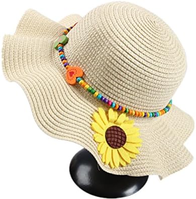Moyishi Kids Baby Girl Summer Large Brim Flower Beach Straw Sun Hats Cap (Beige)