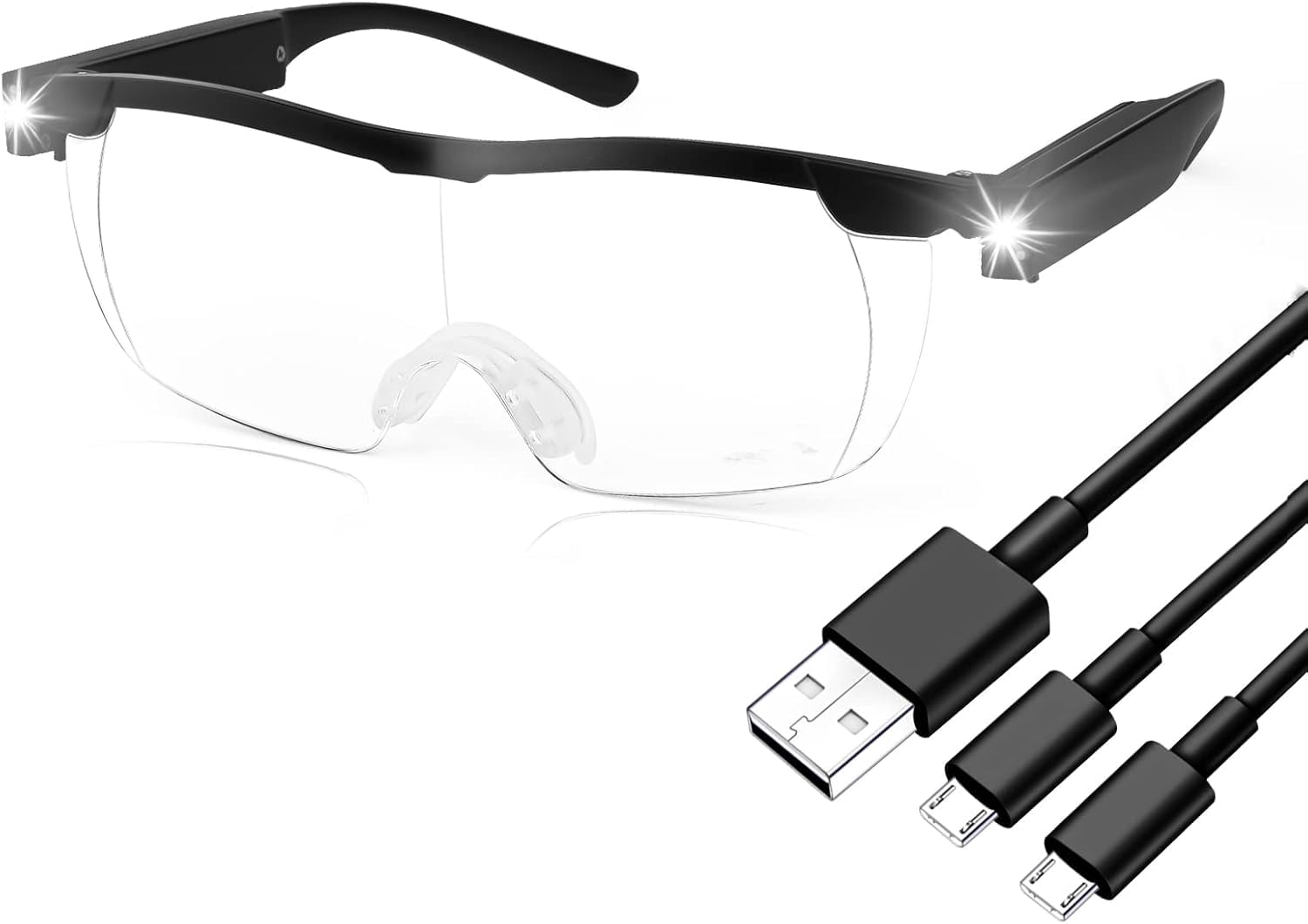 Fransande Magnifying Glasses with Lights, 160% Reading Wearable Glasses, Hands Free Rechargeable LED Lighted Magnifier Eyeglasses for Reading, Crafts, Close Work, Jewellers (Black)