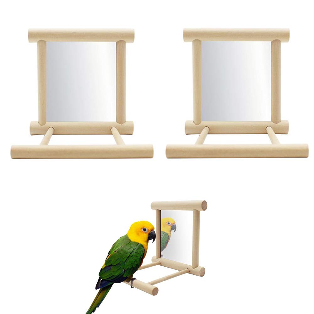 2 Pcs Parrot Bird Mirror,Bird Stand Perch with Mirror,Birdcage Perches Mirror Chew Toy,Cockatoo Cage Wood Toy for African Grey Macaw/Parakeet Cockatiels Conure/Lovebirds