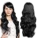 MelodySusie Black Long Big Curly Wavy Wig for Women, 31.5Curly Wig with Inclined Bangs Synthetic Wigs Cosplay Daily Party Wig With Free Wig Cap, Black