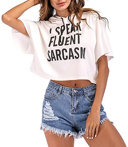 LanWi Women Letter Print Drawstring Pink Short Sleeve Hooded Casual Crop Top Lumbar Trendy Sexy T-Shirt