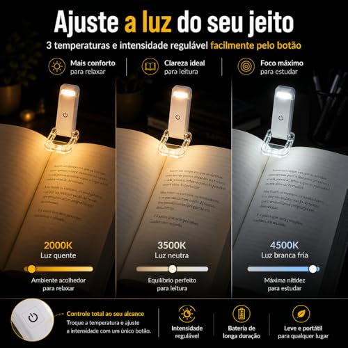 Luz de Leitura Recarregável USB com Clipe Braço Flexível e 3 Modos de Cor - Cores sortidas