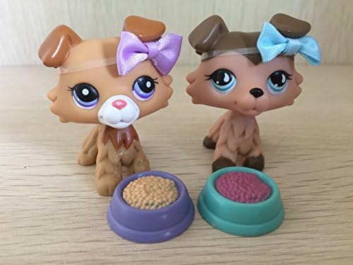 Miniature LPS Pet Shop Littlest 2PCS Collie Dog Puppy #893 #2452 with Accessories Bows with Carry Box Rare Collection Cute Animal Toy Kids Girl Boy Gift
