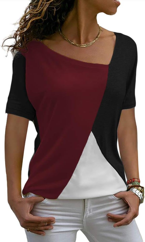 Sarin MathewsWomens Shirts Casual Tee Shirts Short Sleeve Patchwork Color Block Loose Fits Tunic Tops Blouses
