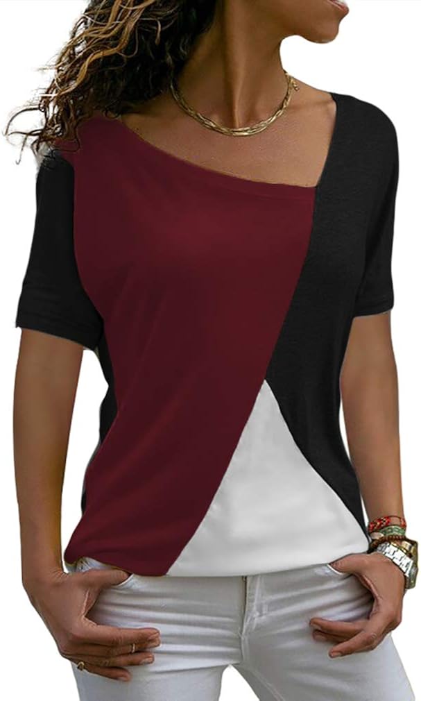 Sarin Mathews Womens Shirts Casual Tee Shirts Short Sleeve Patchwork Color Block Loose Fits Tunic Tops Blouses