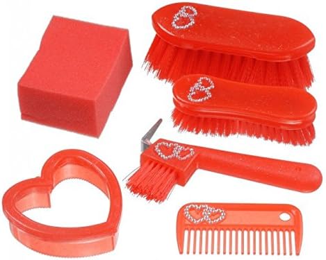 Tough-1 Six Piece Junior Grooming Brush Kit with Crystal Heart Accents (Red)