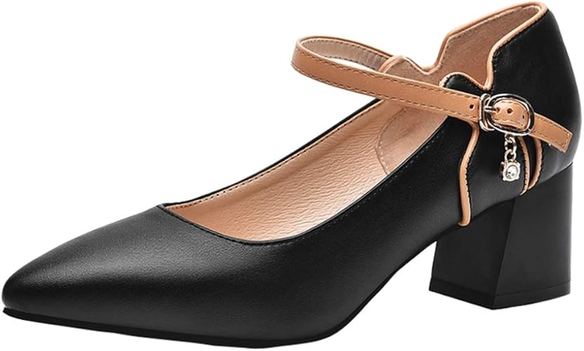Amazon ストラップ パンプス 黒 牛革 痛くない 歩きやすい 5 5cmヒール 美脚 優雅 女性 ポインテッドトゥ 太ヒール おしゃれ シューズ 日常履き 仕事 代 40代 30代 靴 レディース 柔らかい チャンキーヒール お洒落 パンプス