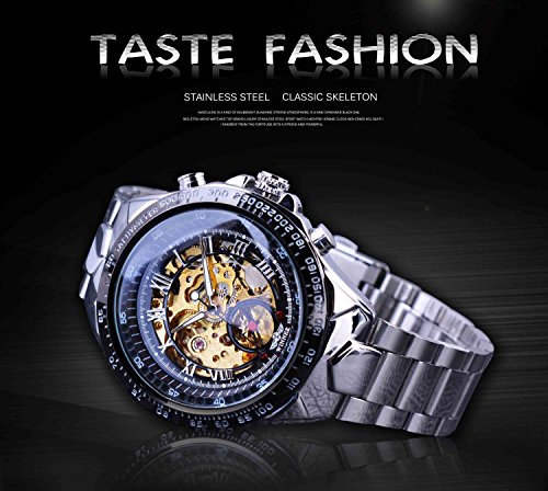 Winner Golden Movement Skeleton Stainless Steel Men Automatic Sport Wrist Watch