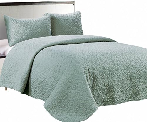 Aladdin Home PERWASHED 3Pc Quilted Coverlet Set with Stitched Pattern ,Solid Color,Seafoam,King