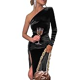 YMDUCH Women's Sexy Elegant One Shoulder Long Sleeve Velvet Ruched Slit Party Long Dress