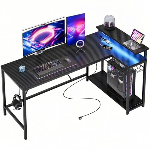 Bestier 147CM L Shaped Gaming Desk with LED Lights and Sockets, Reversible Corner Home Office Desk with Shelves, Larger PC Workstation with Hooks for Study, Black