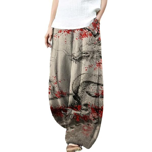 Linen Pants Women Japanese Wave Print Wide Leg Elastic Waist 2024