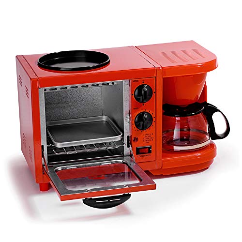 Maxi-Matic EBK-200R Coffee Maker Toaster Oven Griddle 3-in-1 Multi-function Breakfast Center, Regular, Red