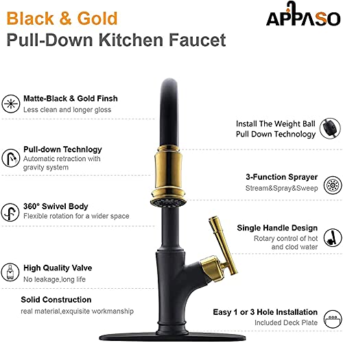 APPASO Black and Gold Kitchen Faucet with Pull Down Sprayer Black