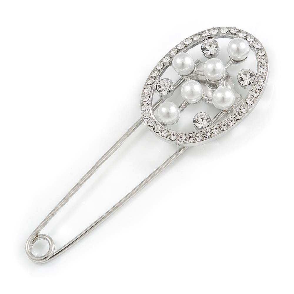 Large Clear Crystal White Faux Pearl Open Oval Safety Pin Brooch In Silver Tone - 70mm L