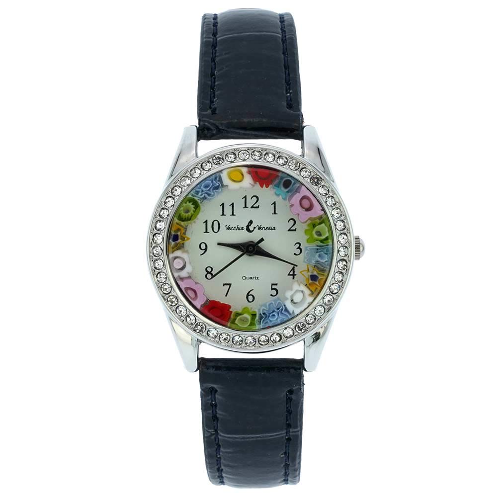 Glass Of Venice Murano Glass Watch Millefiori and Crystals with Leather Band - Black