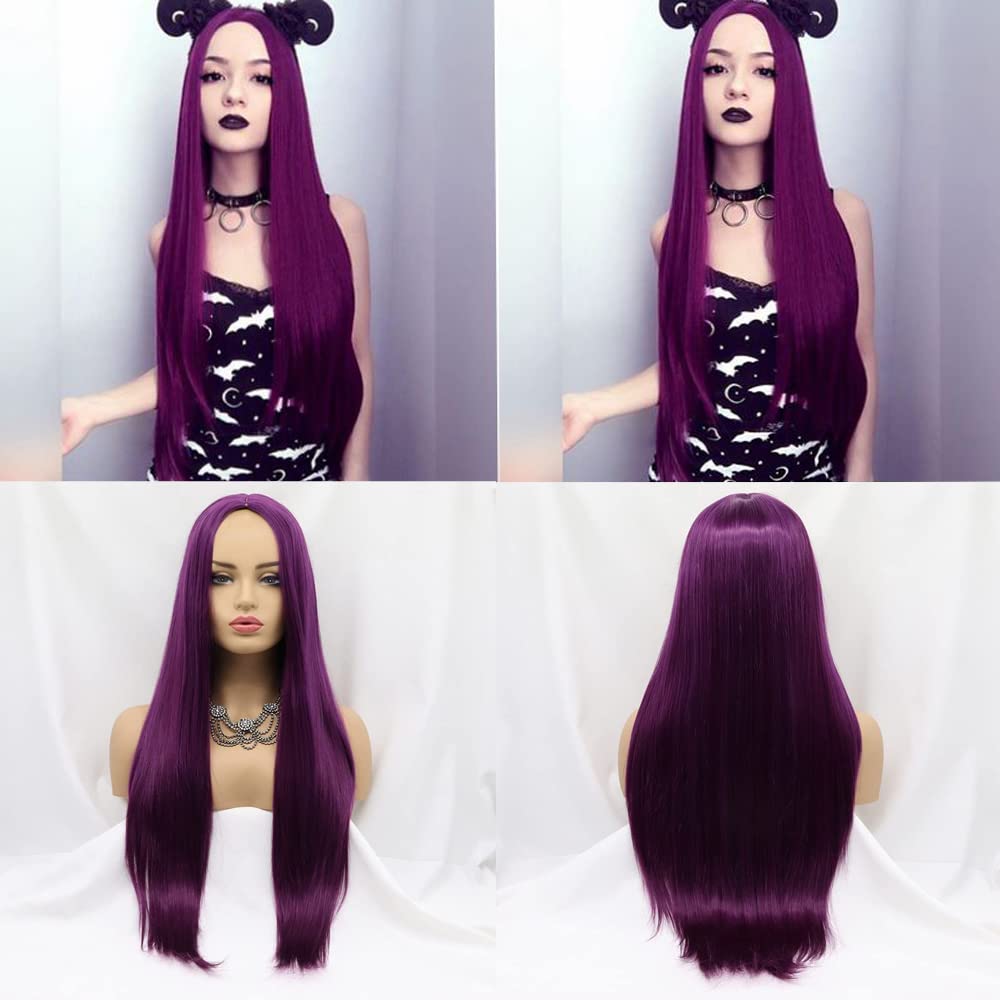 Xiweiya Wigs Long Straight Wig Purple Color Hair Synthetic Full Machine Made Wig Heat Resistant Fiber Middle Parting for Women Cosplay Makeup Party 24 Inches
