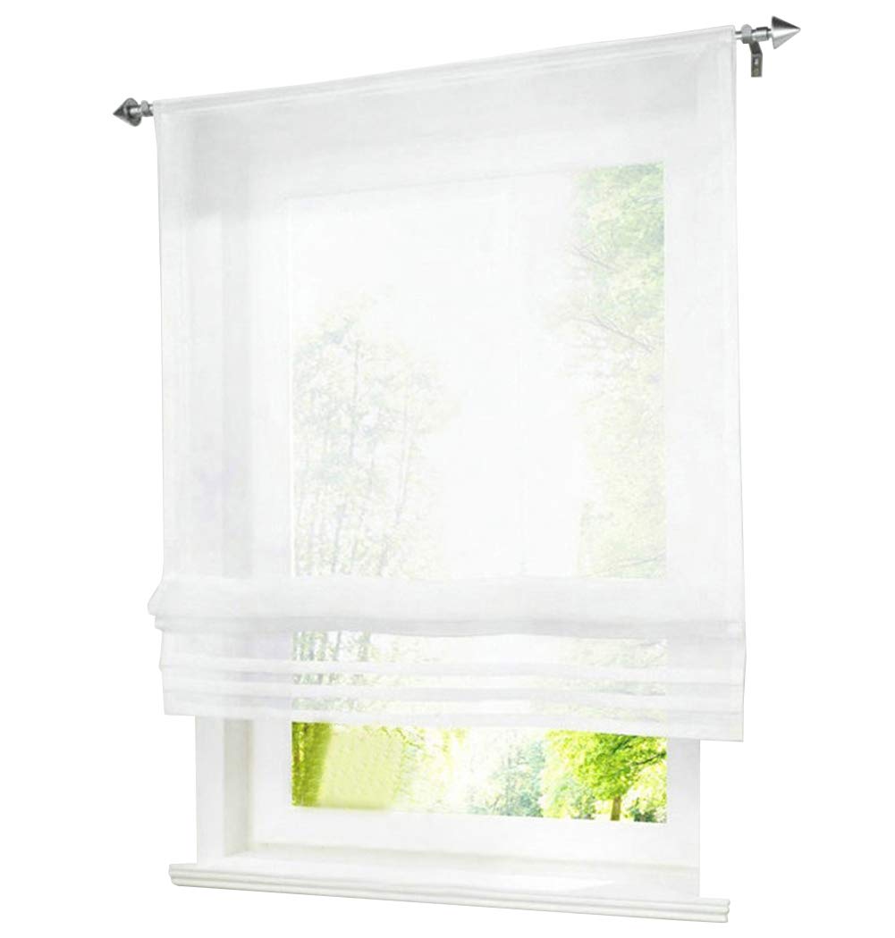 Pack of 1 Drawstring Roman Blind Curtain Transparent Voile Curtain, Fabric, White, BxH 100x155cm
