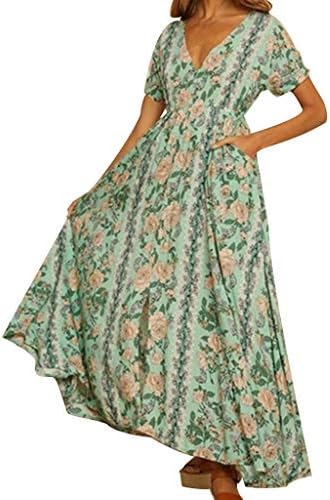 Summer Dresses for Women Casual V Neck Midi Dress Short Sleeve Shirt Dress Button Down Swing A Line Tunic Women's Bohemian Print Casual Dress