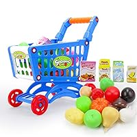 Kids Interesting Interactive Toys Fancy Play Mini Toy Supermarket Shopping Cart Cart with Fruits and Vegetables Educational Toys (Color : Blue)