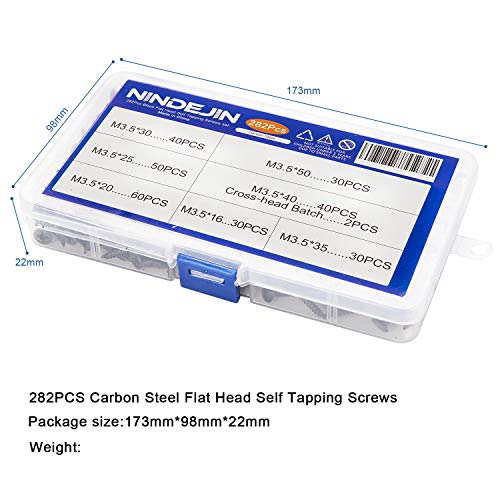 NINDEJIN Flat Head Self Tapping Screw Phillips Wood Screws Assortment Kit Set with Cross-Head Batch (282Pcs Alloy Steel)