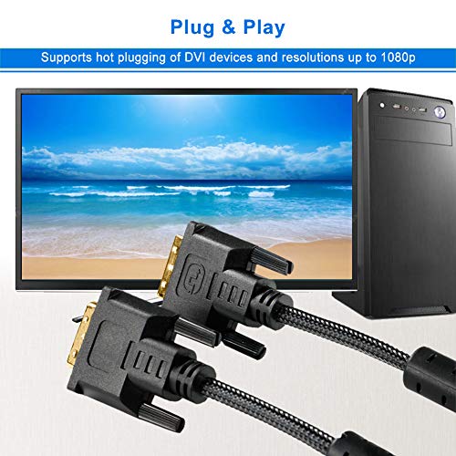 DVI Cable 6FT, DVI-D to DVI-D (24+1)- M/M Double Shielding Digital Cord with Two Ferrite Core and PET Braided for Gaming, DVD, Laptop, HDTV and Projector - Gold Plated