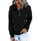 Dokotoo Womens 2025 Hoodies Button Collar Drawstring Hooded Pullover Sweatshirt Casual Long Sleeve Tops Shirts