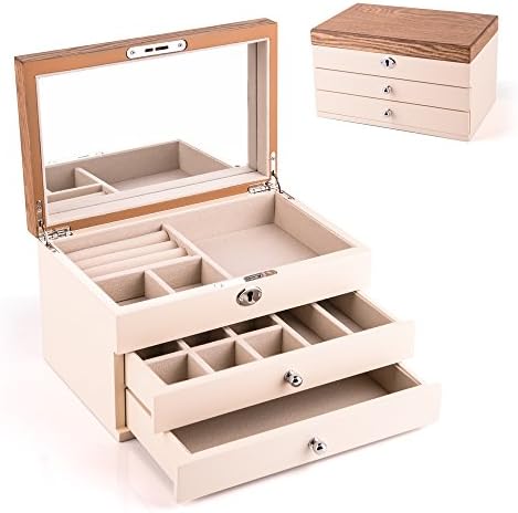 HEZALA Wooden Jewelry Organizer, Vintage Jewelry Box Storage Case with Large Mirror for Necklaces, Bracelets, Earrings, Beige