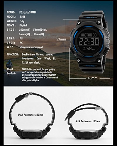 Men's Digital Waterproof Sports Watch Military Multifunction Dual Time Countdown Stopwatch Alarm Back Light 50M Waterproof Watch (Blue)