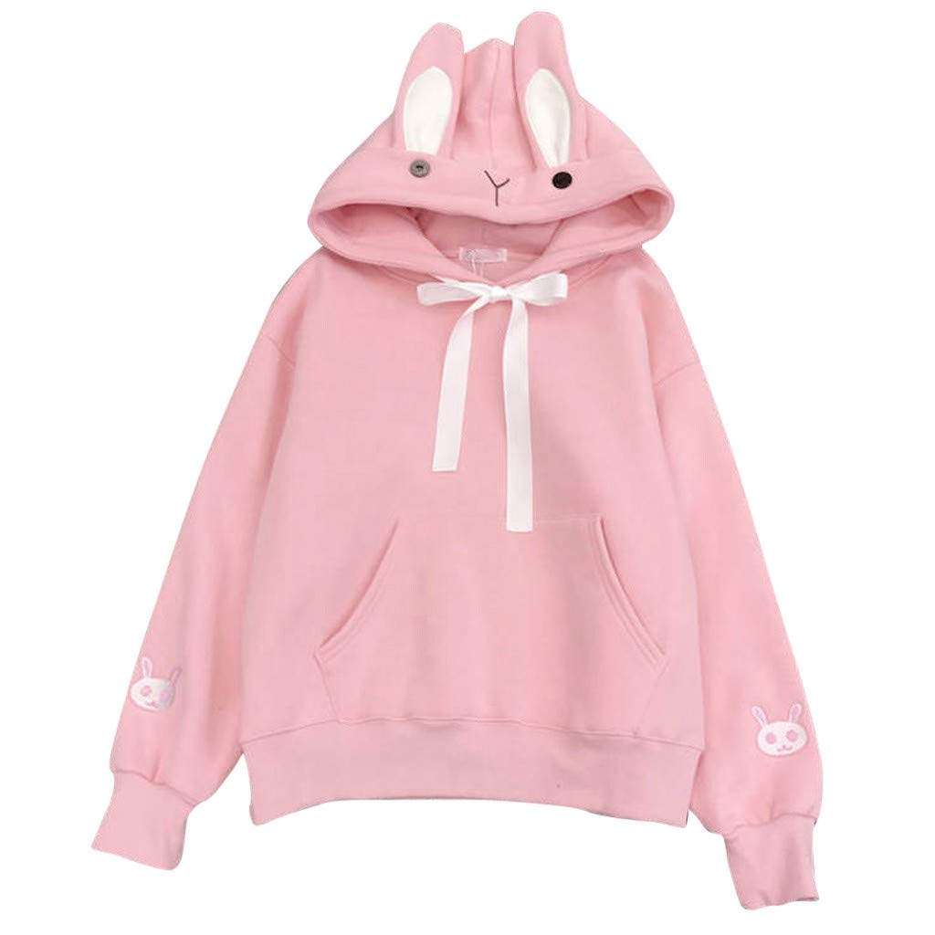 Ladies Cute Rabbit Ear Long Sleeve Hoodie Solid Color Embroidery Pullover  Sweater