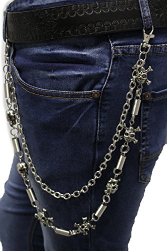 TFJ Men Wallet Silver Metal Chain Keychain Skeleton Skull Charm Pirate Bones