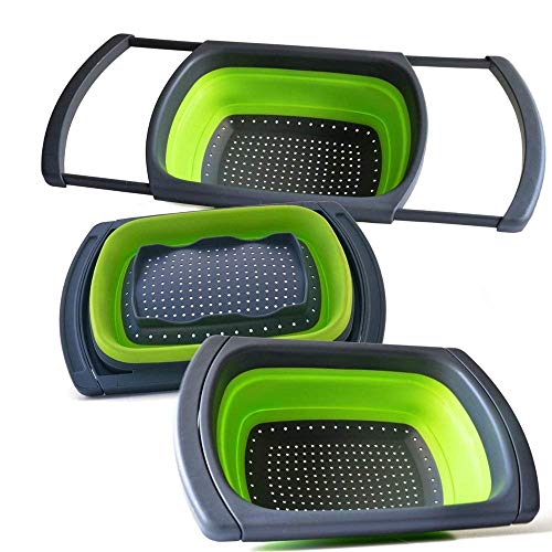 DenSan Collapsible Sink Vegetable/Fruit Colander Extendable Handles-Folding Strainer for Kitchen(Green),