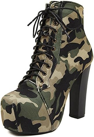 SHOWHOW Women's Trendy Platform High Chunky Heels Lace Up Short Boots Army Green 8 B(M) US