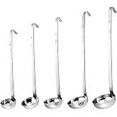 Odowalker 5 Pcs Stainless Steel Hooked Handle Ladle Set with Pouring Rim | 1oz, 2oz, 4oz, 6oz, 8oz Hooked Handle Metal Ladles with Pouring Rim, Ladle Sturdy Soup for Kitchen, Cooking, Soup, Sauce