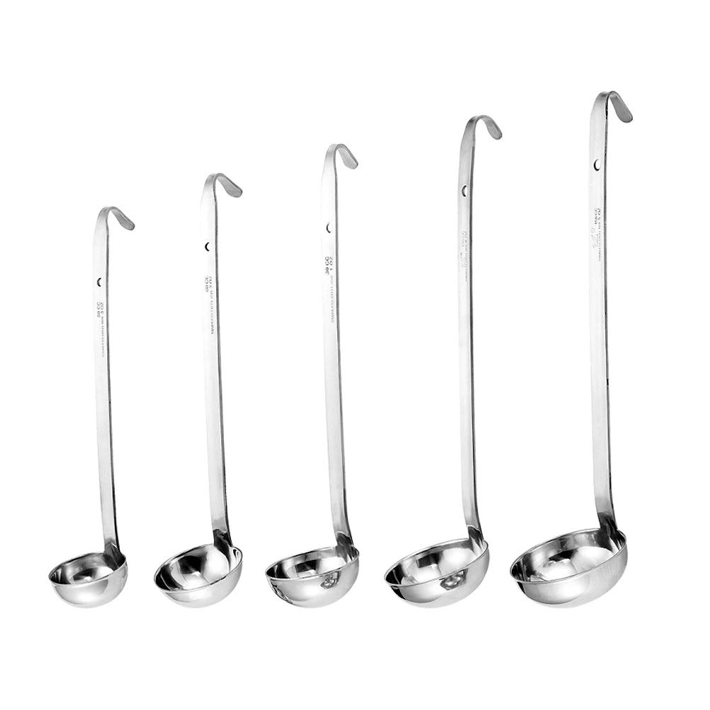 5Pcs Soup Ladle and Ladle Spoon,Odowalker Stainless Steel Hooked Handle Ladle with Pouring Rim Steel Ladles with Long Handle for Kitchen Cooking Soup Sauce (1oz, 2oz, 4oz, 6oz, 8oz)