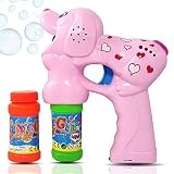 Haktoys Pink Puppy Bubble Gun Shooter Light Up Blower Machine with LED Flashing Lights, Extra Refill Bottle, Sound-Free | Dog Bubble Blaster for Kids, Parties, Etc. (Complimentary Batteries Included)