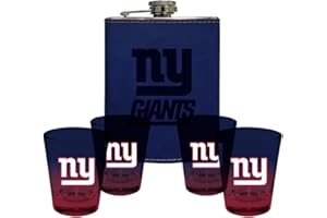 The Memory Company | Licensed NFL Team Logo Leather Wraped Flask with (4) Ombre Shot Glasses Set