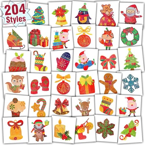 Partywind 204 Styles Glitter Kids Tattoos for Christmas, Individually Wrapped Sheets Christmas Tattoo Stickers for Stocking Stuffers, Christmas Party Decorations Favors Toys for Boys and Girls