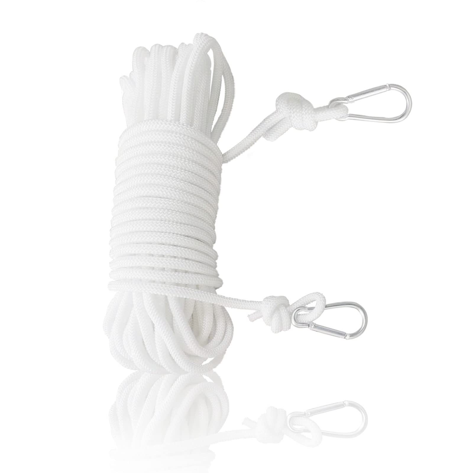 Washing Line Rope, 15m Quality Strong Clothes Line with Two Metal Hooks Heavy Duty Waterproof White Laundry String Prop String for Camping Garden Garage