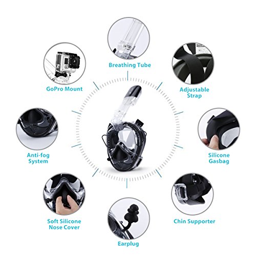 VICOODA Full Face Snorkel Mask for Kids and Adults【2018 New Version】,180°Panoramic View,Anti-Fog,Anti-Leak,One Size Snorkeling Mask with GoPro Mount,Fits All 30-50 Meters Deep Diving - Black - Thumbnail 4